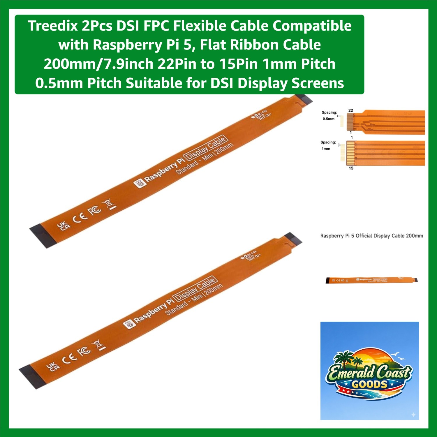 Flexible DSI FPC Cable Set - 2Pcs 200mm for Raspberry Pi 5 Display Connection