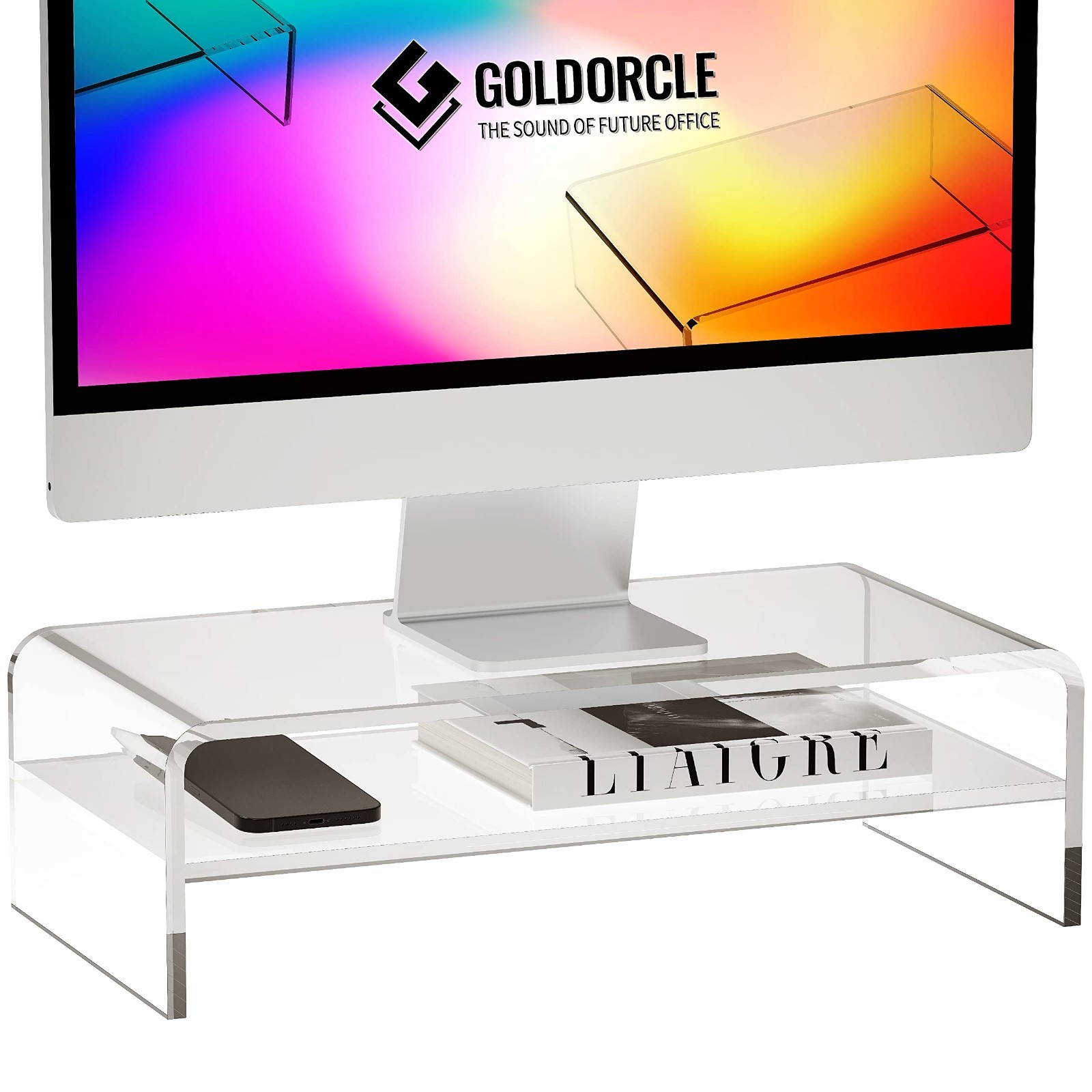 Clear Acrylic Monitor Stand Riser - Large Computer Display Organizer, Ergonomic