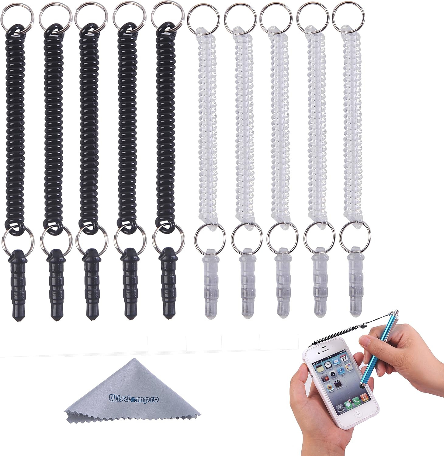 Stylus Tether, 10 Pack Detachable Elastic Coil Tether Black/Clear