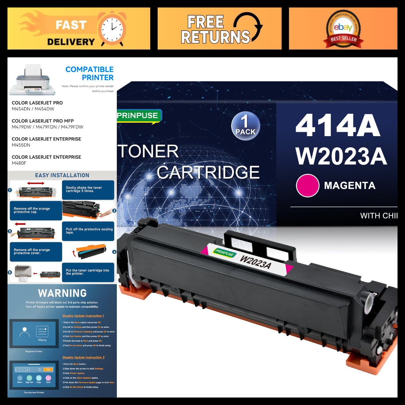Magenta Toner Cartridge Compatible with HP W2023A W2023X - High Yield, Quality P