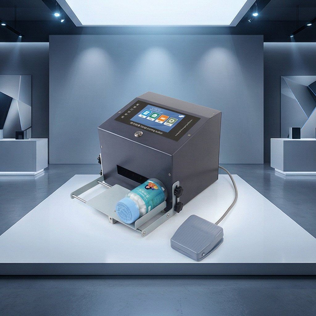 Desktop Inkjet Printer Prints Expiration Date and Date Stamp on Plastic Bottles
