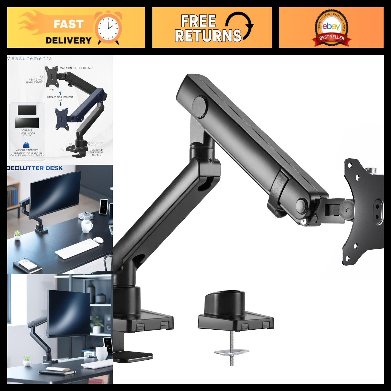 Premium Aluminum Full Motion Ultrawide Monitor Desk Mount, Fits Screens up to 40