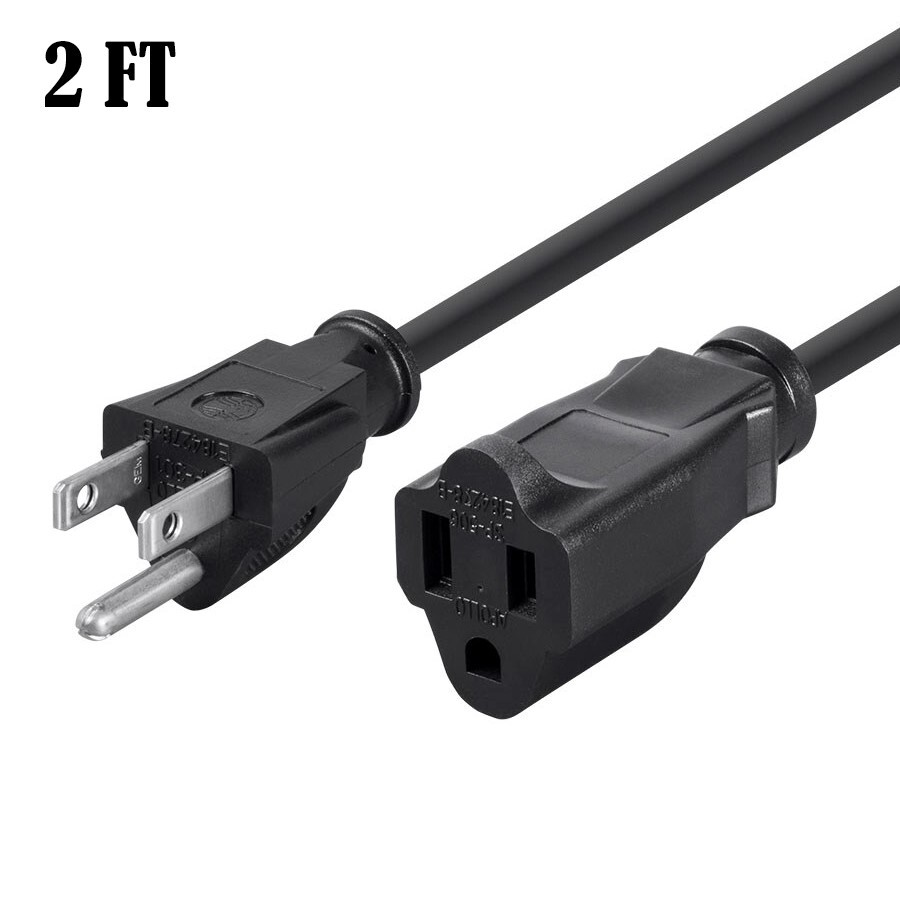 2ft Power Extension Cord Cable 3-Prong AC US Grounded NEMA 5-15P to 5-15R 16AWG