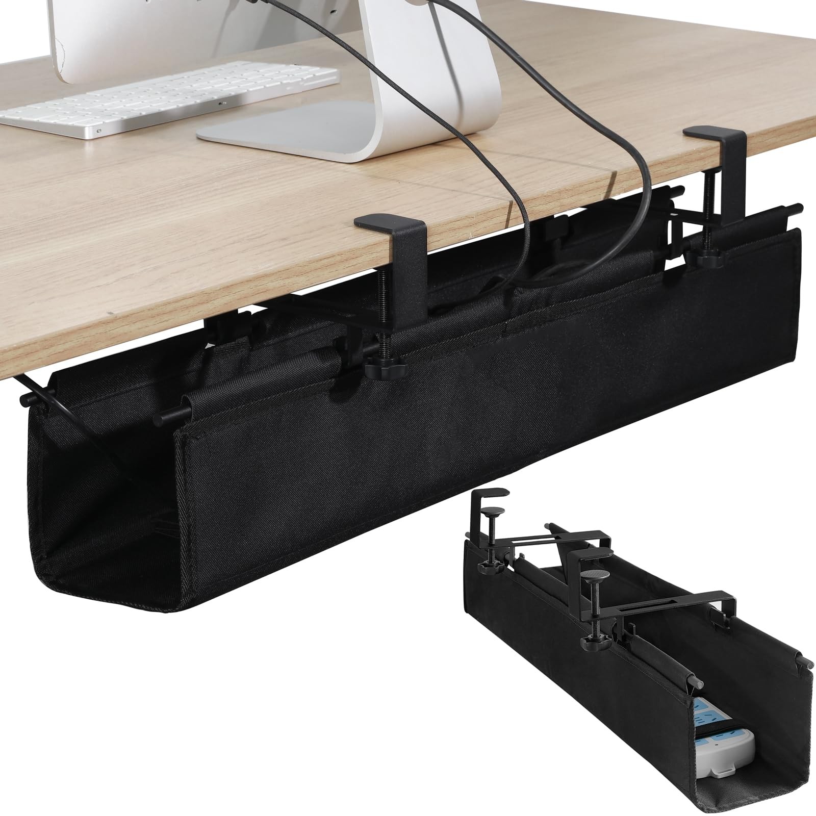 Black 28 Inch Fabric Under Desk Cable Management Tray Clamp On Wire Organizer