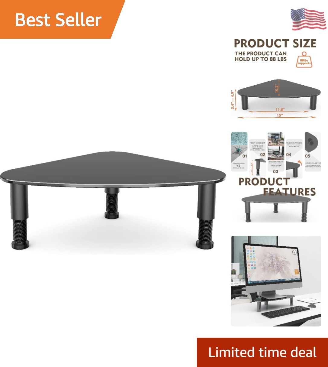 Tempered Glass Computer Monitor Riser/Triangle Save Space Desktop Corner Stan...