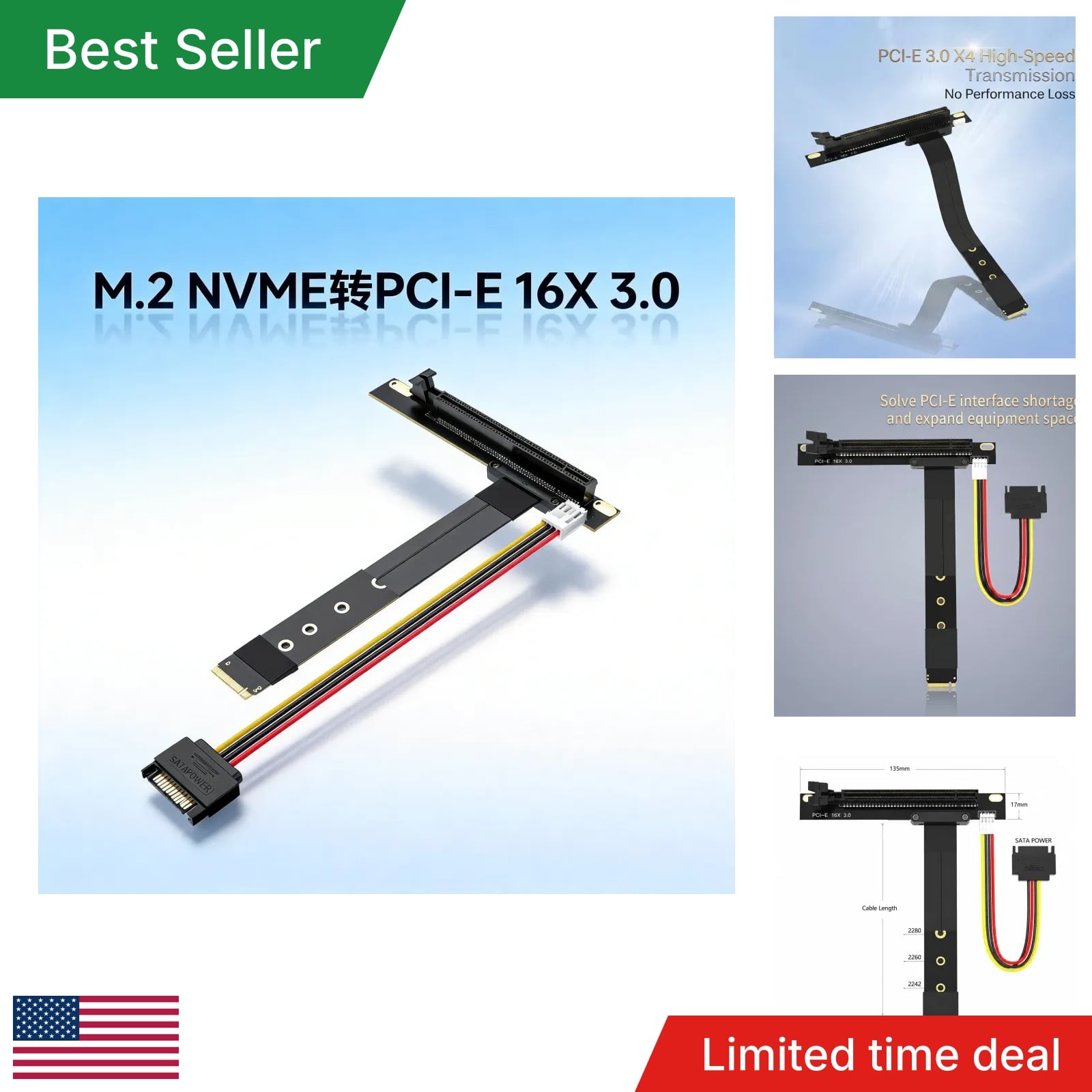 M.2 NVMe To PCIe X16 Riser Card Adapter PCI E 3.0 M Key Sata Power Cable