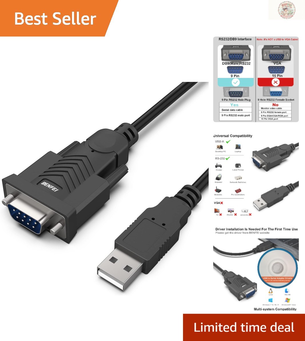 High-Speed 1.8M USB to RS-232 DB9 Serial Cable for Diverse Device Compatibility
