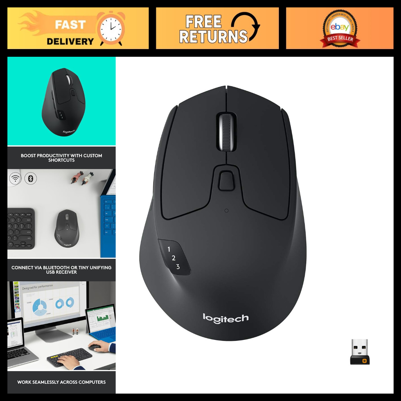 Multi-Device Wireless Mouse - Full Size Ergonomic, Bluetooth & USB, Black