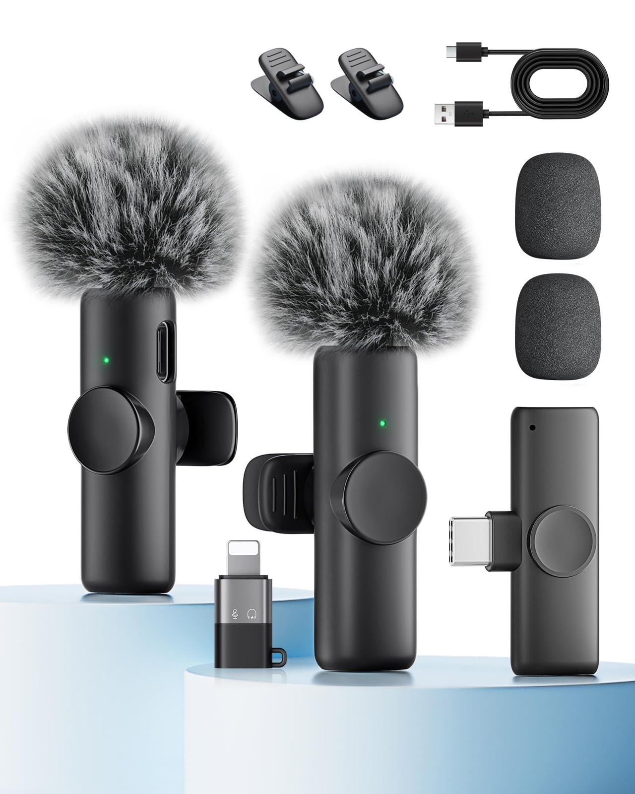Wireless Microphone for iPhone iPad and Android Phone, 2 Without Case, Black