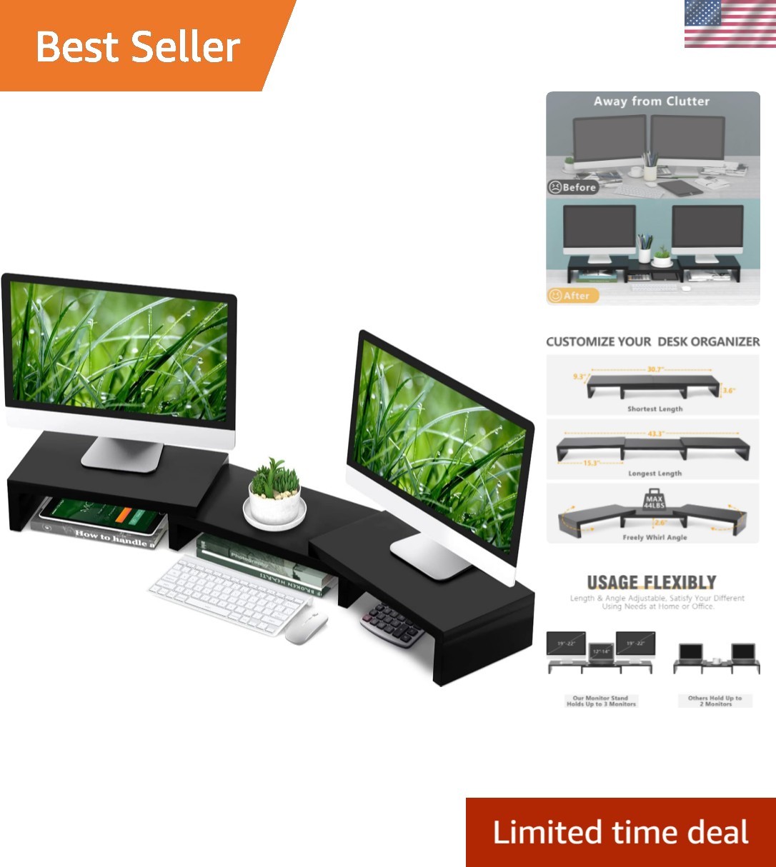 Stylish TAVR Dual Monitor Stand Organizer - Adjustable, Supports 44 lbs, Black