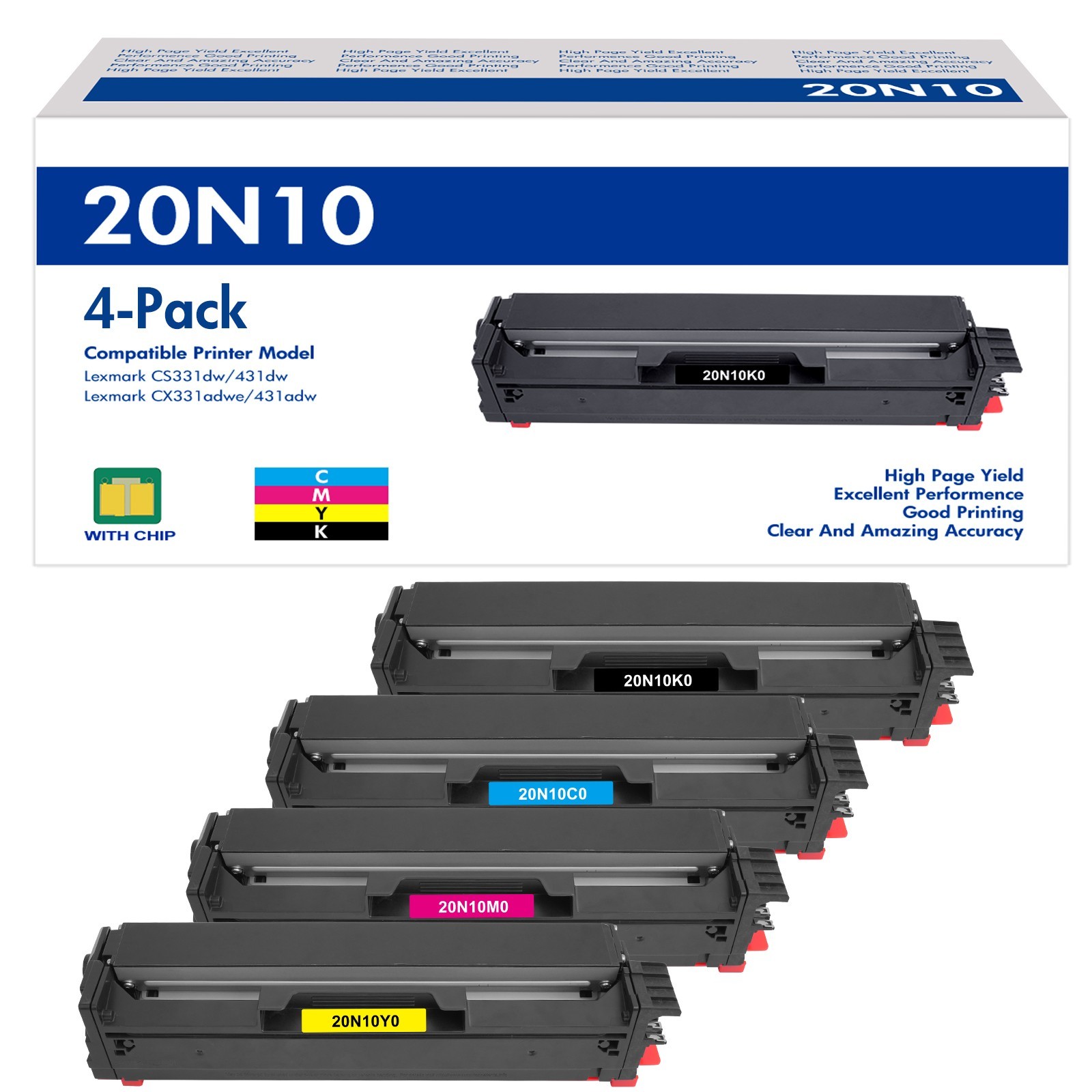 4Pack High Yield CS331 CX331 Toner Cartridge Set w/ Chip 20N10K0 20N10C0 20N10M0