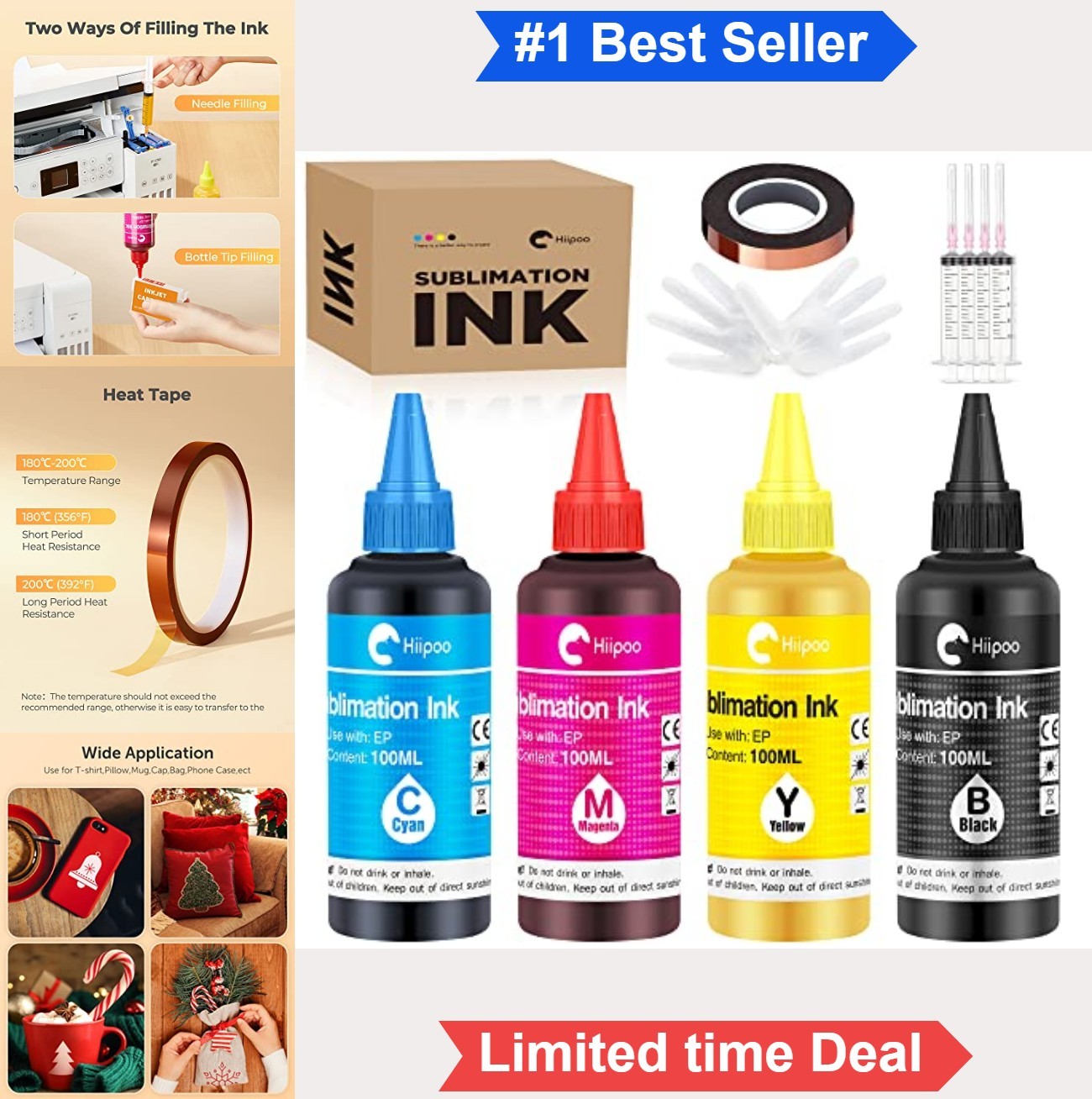 Sublimation Ink Refill 4x100ml BCMY with Syringes Needles Gloves Tape for Epson
