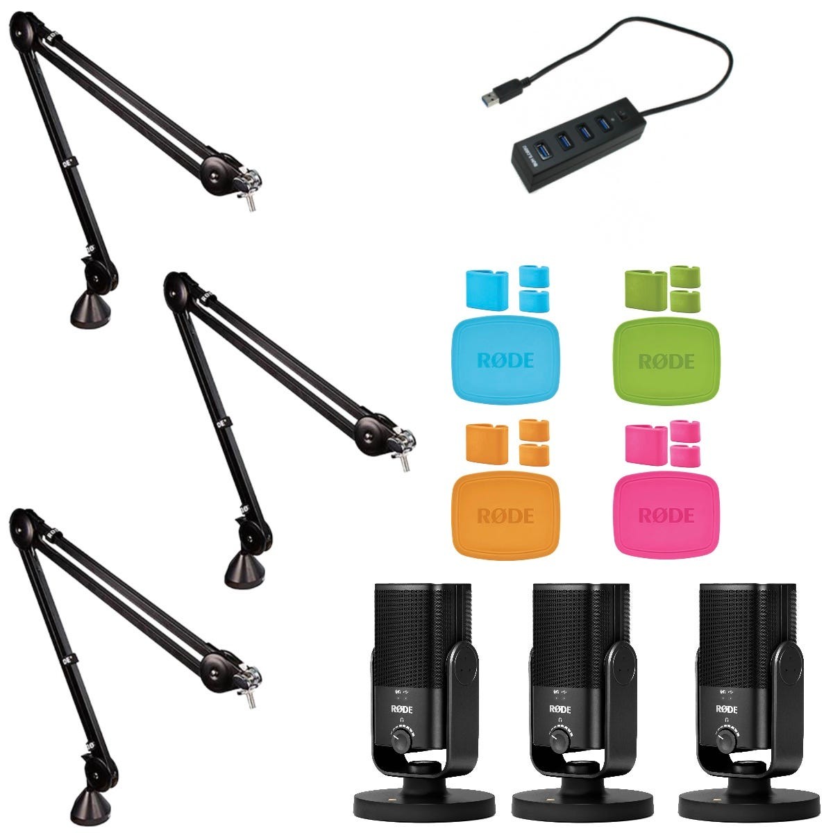 Rode 3-Person Podcast Bundle w/ NT-USB Mini Mics, Boom Arms & Accessories