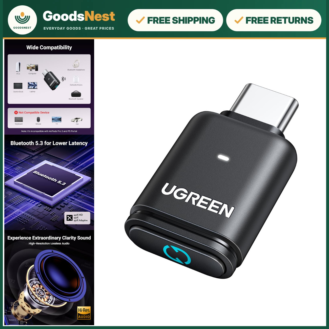 USB-C Bluetooth Adapter for PS5, APTX Low Latency, aptX-Adaptive, Gaming Audio