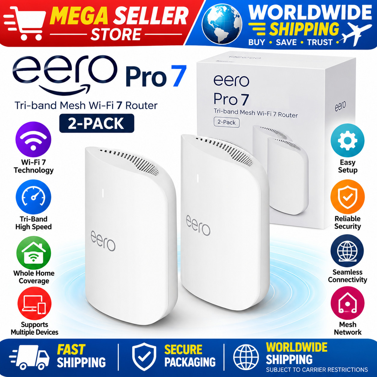 eero Pro 7 Tri-Band Mesh WiFi 7 Router 2 Pack White Dual 5GbE TrueMesh System
