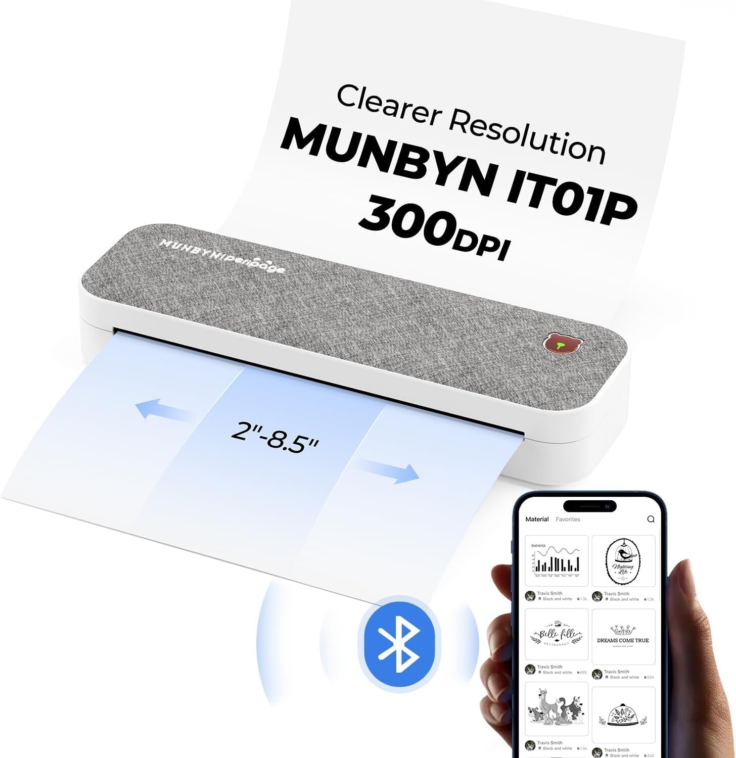 MUNBYN 300DPI Portable Inkless Printer Wireless for Travel, Bluetooth,