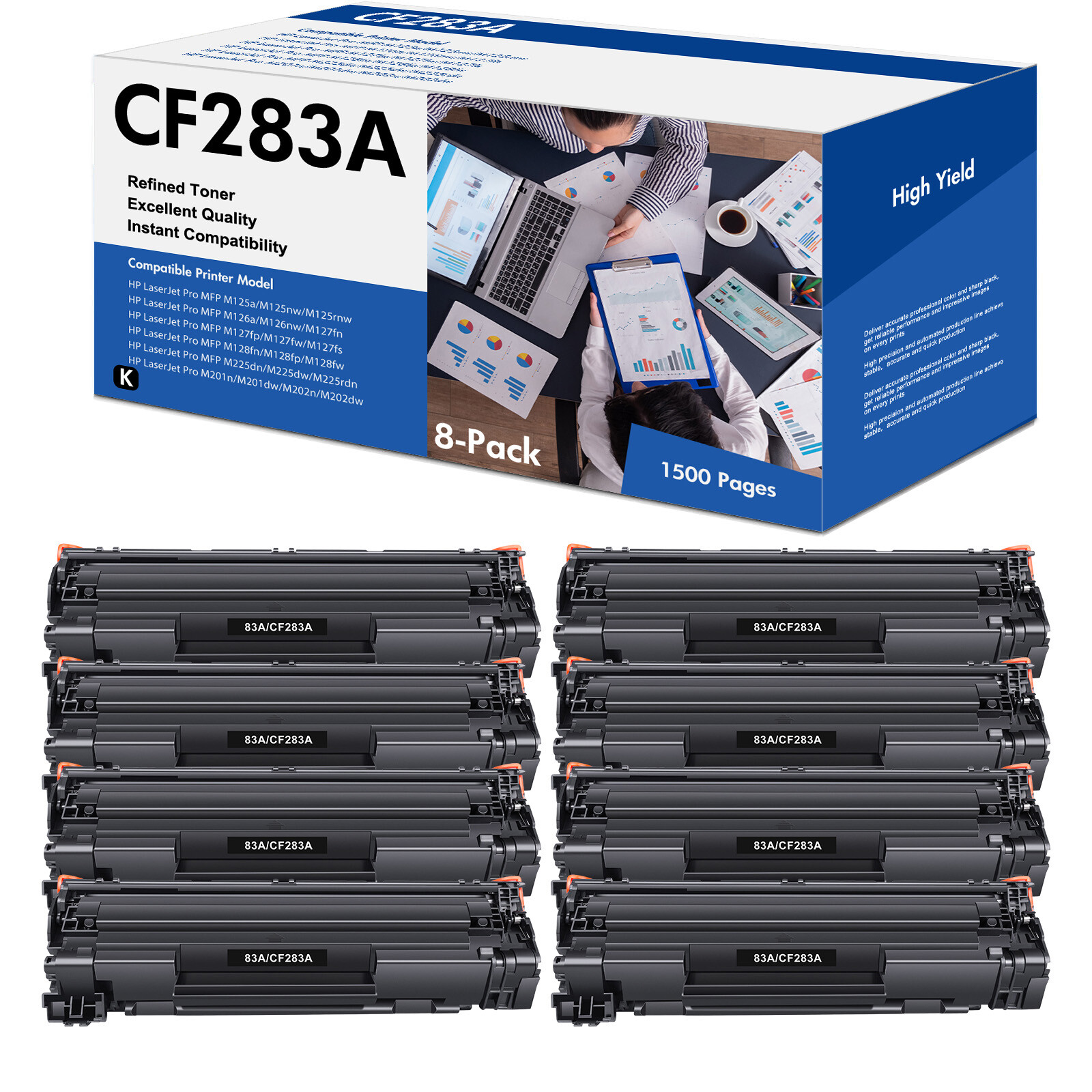 8 PACK CF283A Toner Compatible with HP LaserJet MFP M127fw M127fn M125nw M225dw