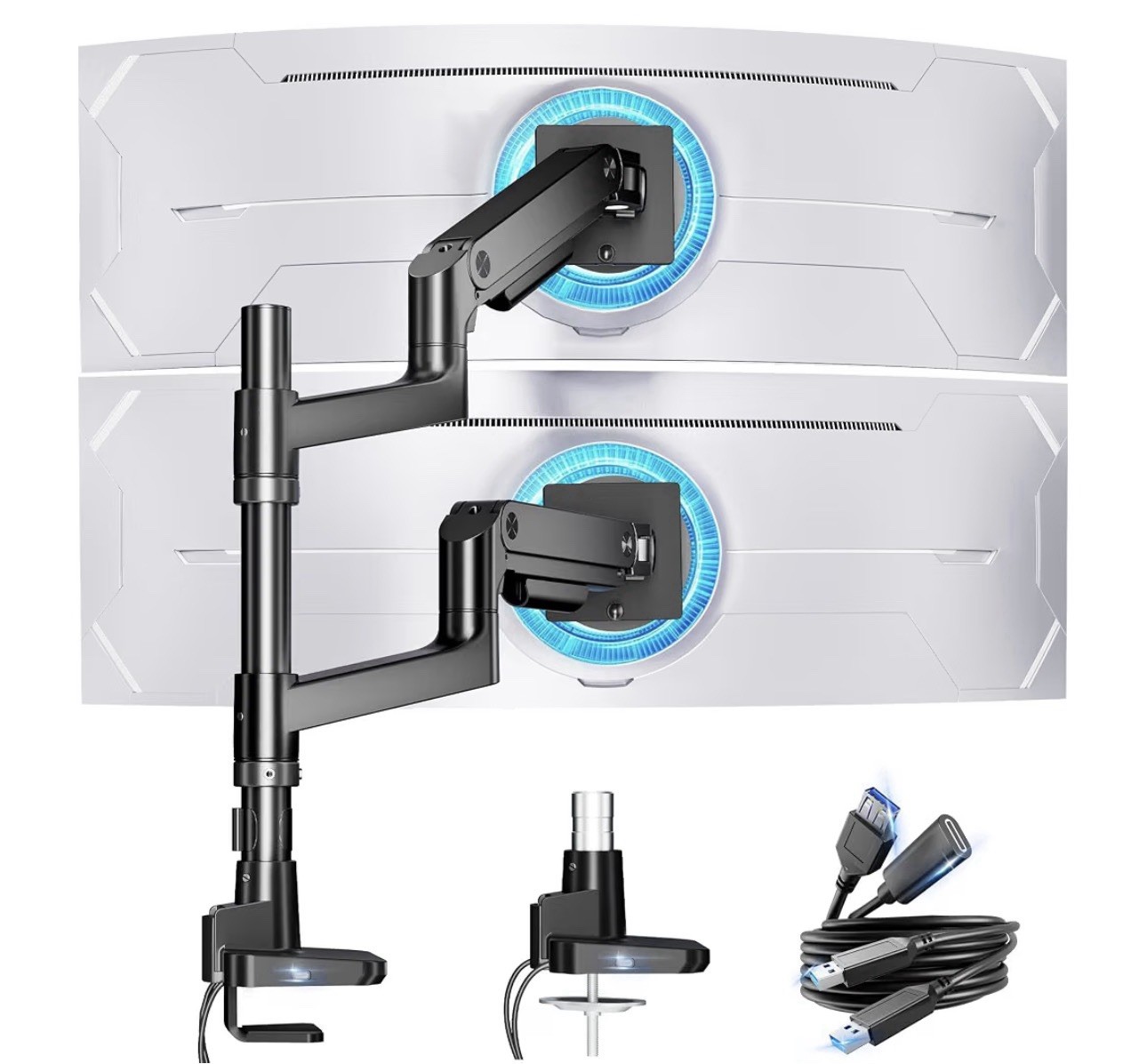 ARES WING Stacked Dual Vertical Monitor Arm with USB A/C for 17 to 49 Inch