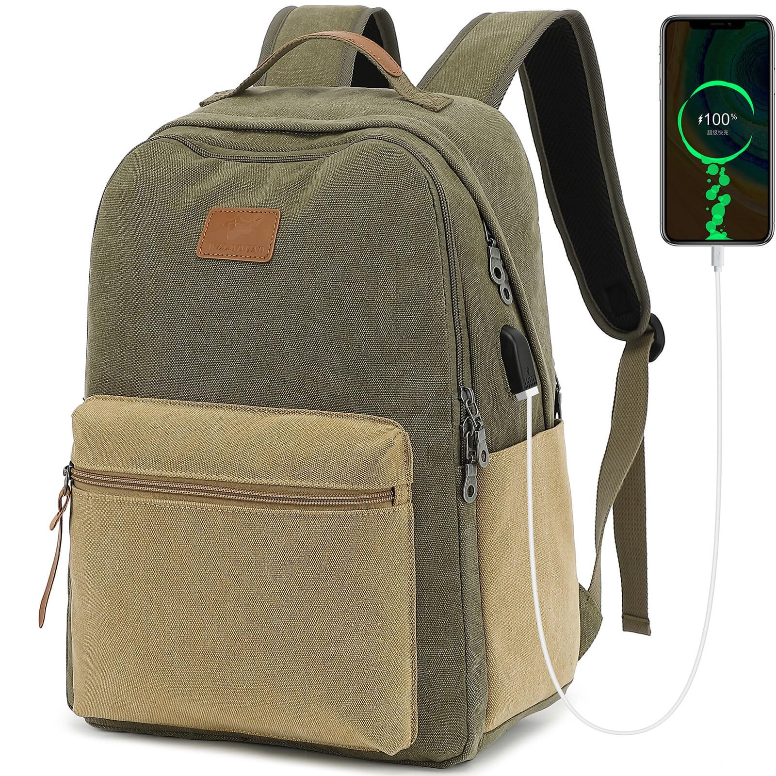 Waterproof Canvas Backpack, 15.6 Laptop Daypack with USB Port, Green Brown