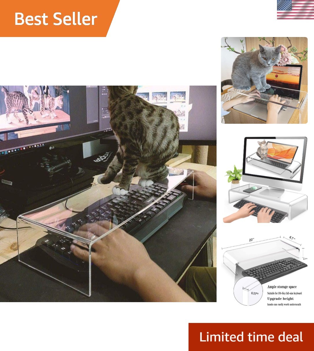 Clear Acrylic Keyboard Protector & Monitor Stand - 2-in-1, Ergonomic Design
