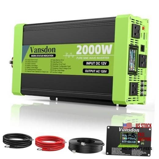 W Pure Sine Wave Inverter 12V DC to 120V AC Inverters for RV,Truck, Solar, 2000
