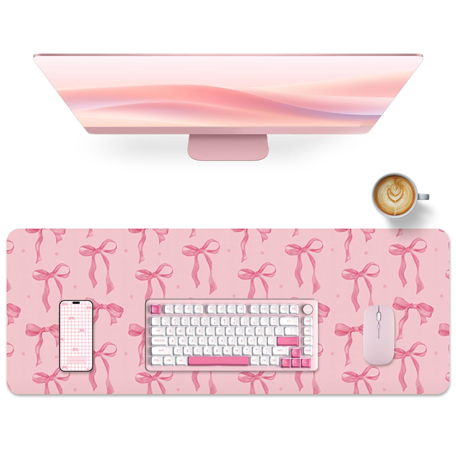 Pink Desk Mat, Bow Pad Keyboard Mat Pink Desk 31.5 x 11.8