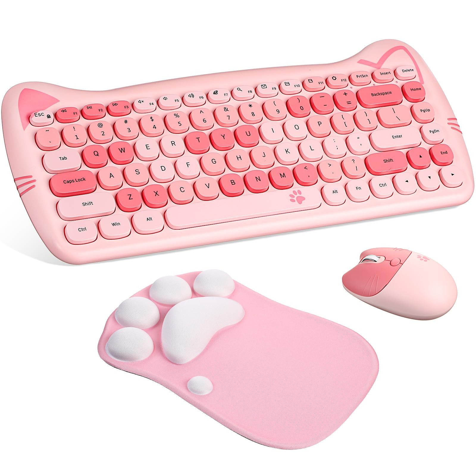 Cute Cat Wireless Keyboard and Mouse Combo with Cat Paw Mouse Pad 84Key
