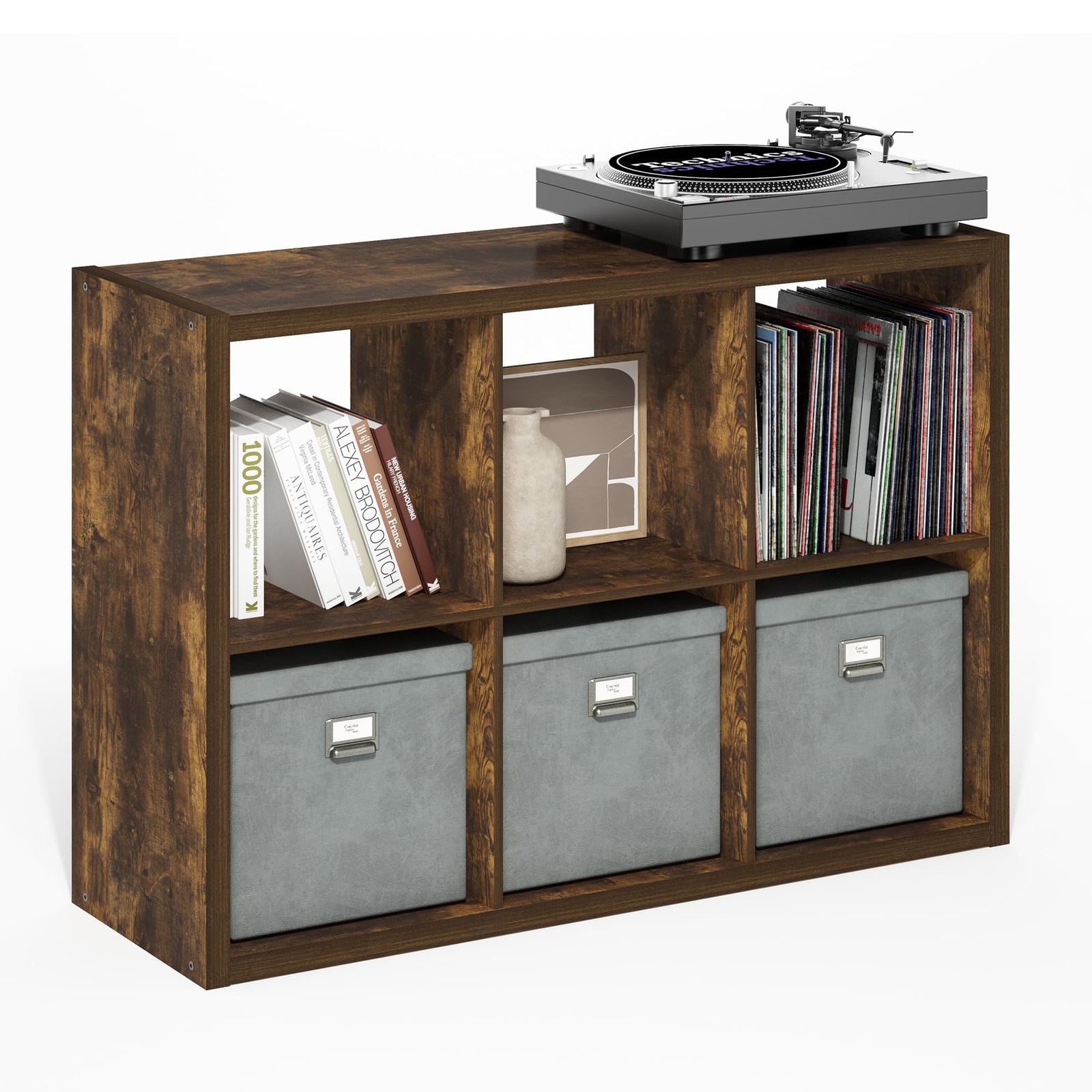 Cubicle Bookshelf 6 Cube Extra Thick Frame Amber Pine Furinno LU22005AP