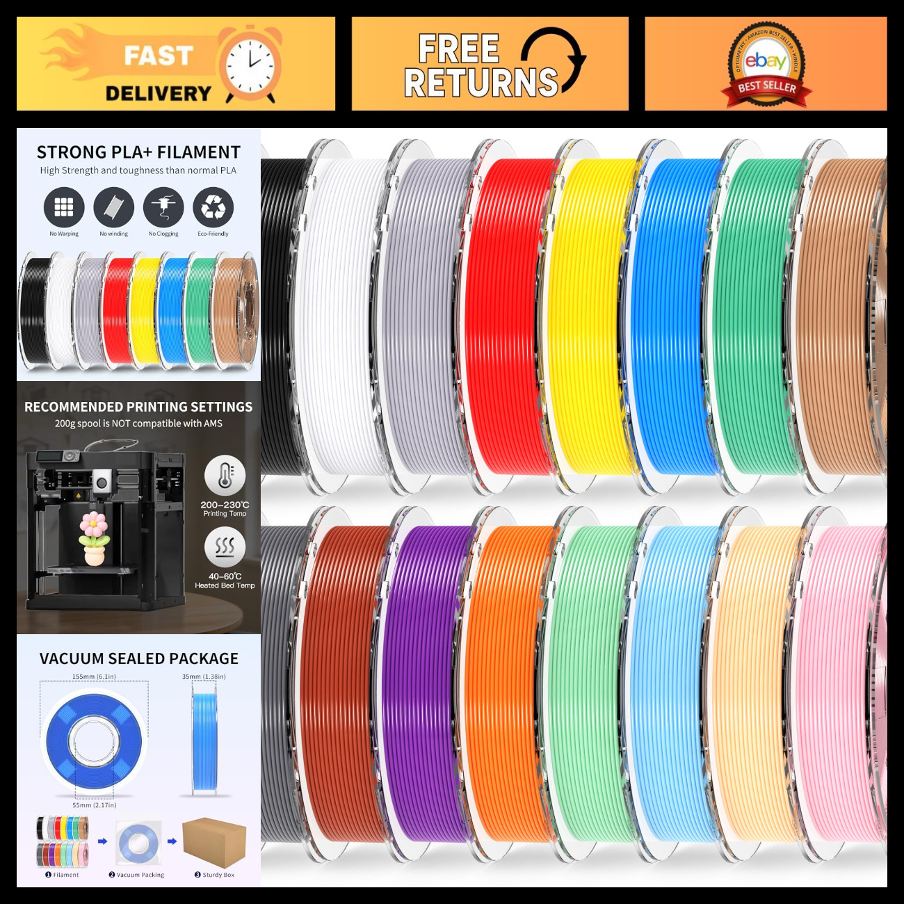16 Color 200g PLA Plus 3D Printing Filament Bundle, 1.75mm, High Accuracy +/- 0.