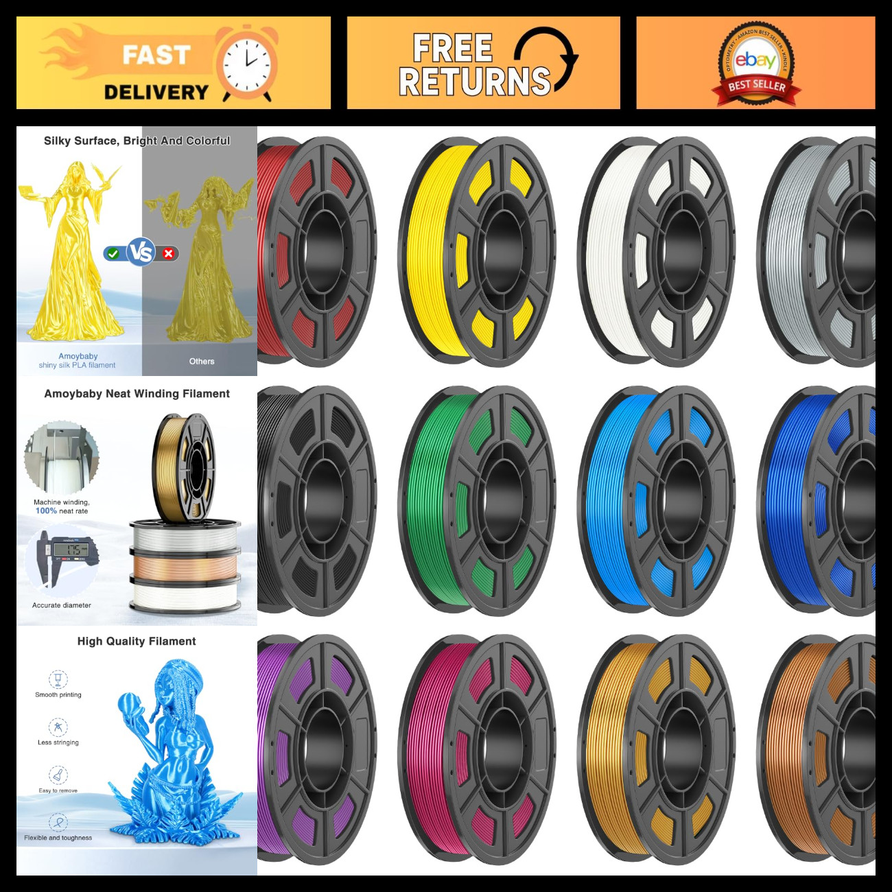 Silk PLA 3D Printer Filament Bundle 1.75mm - High Quality, Vibrant Colors
