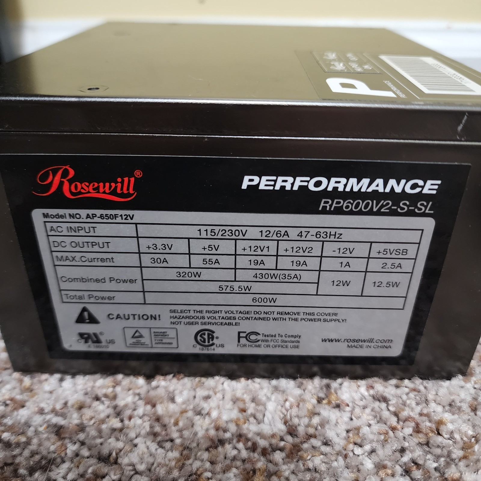 Rosewill Performance RP600V2-S-SL 600W Computer Power Supply TESTED