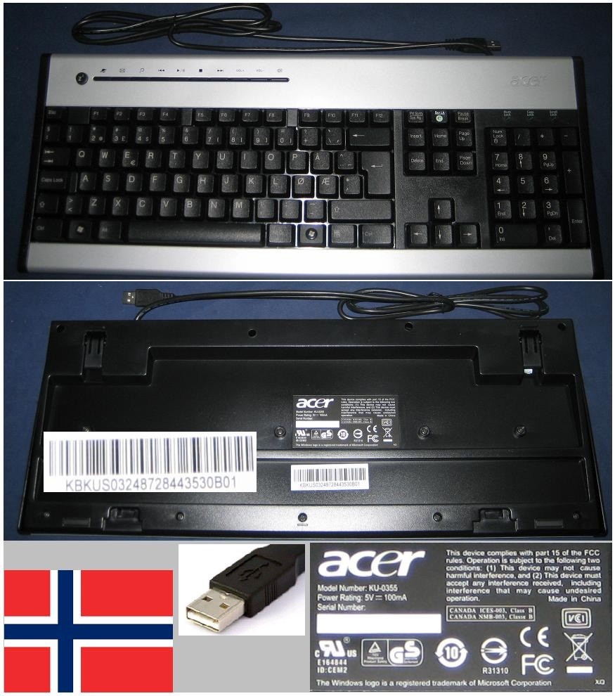 Keyboard Qwerty NO Norwegian ACER KU-0355 KB.KUS03.248 KBKUS03248 USB port
