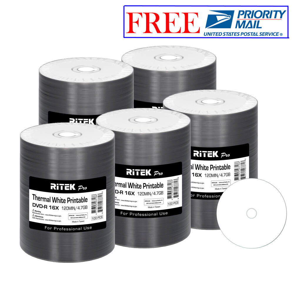 500 Pack Ritek Pro DVD-R 16X 4.7GB White Thermal Hub Printable Blank Media Disc