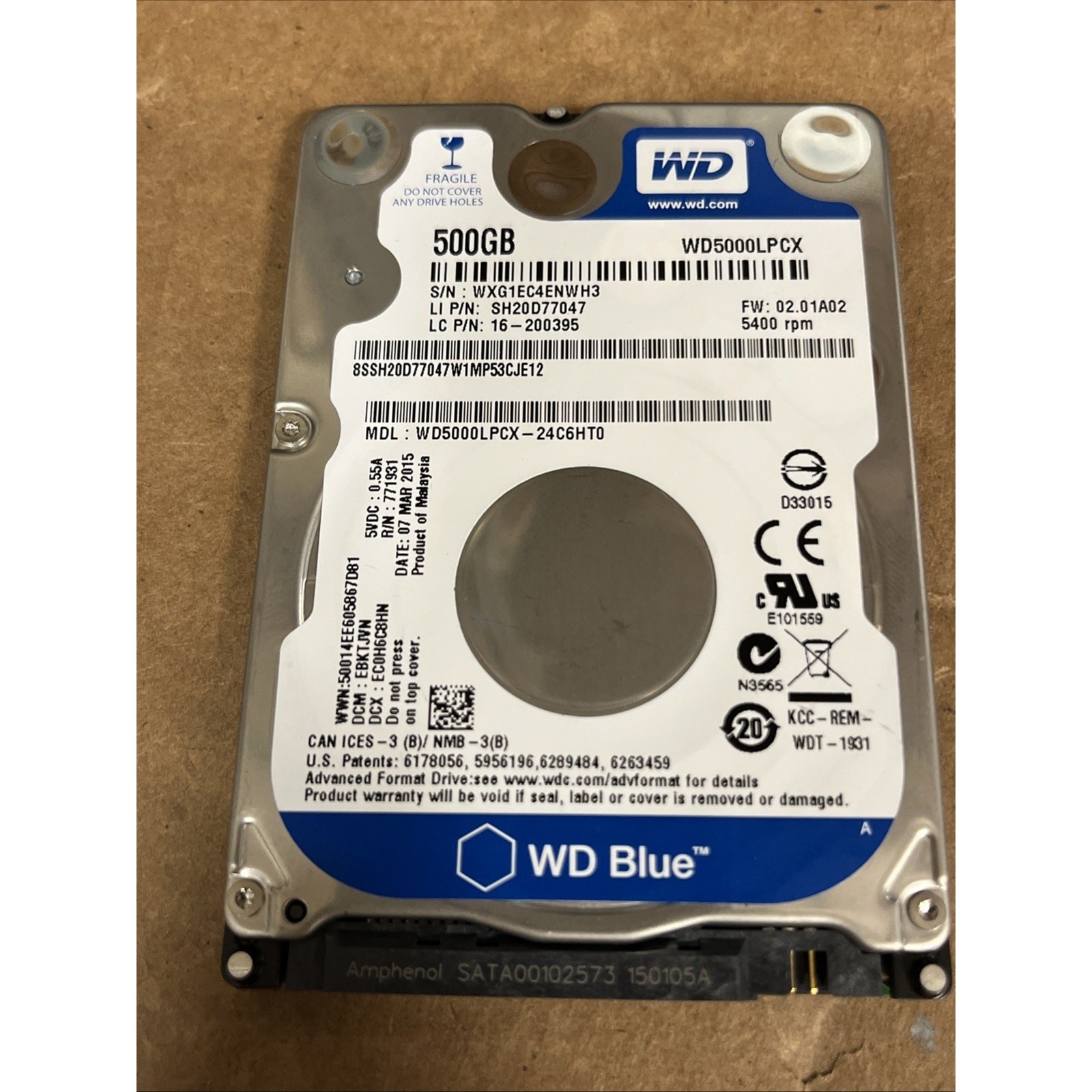 Western Digital WD5000LPCX-24C6HT0 500 Go 2.5" SATA Disque dur HDD 5400 tr/min -