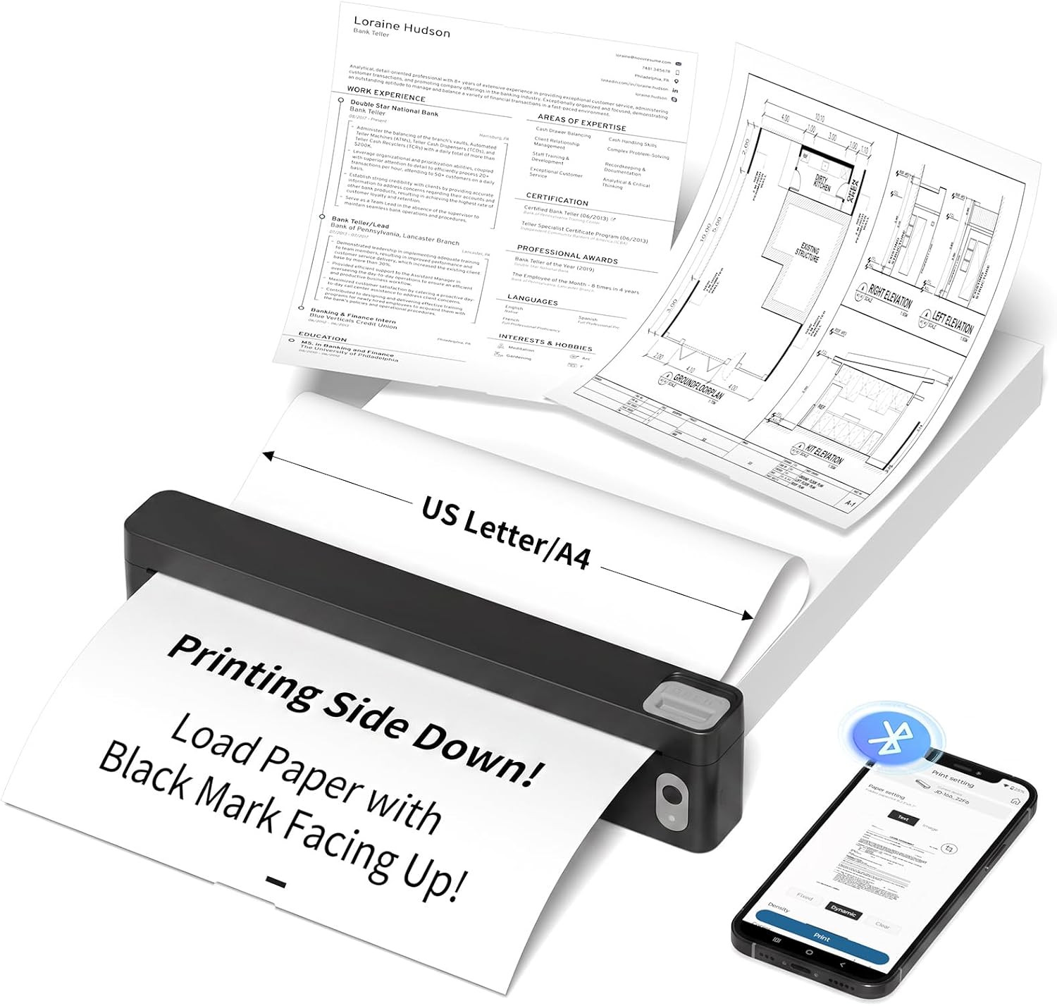 Portable US Letter Thermal Printer with Bluetooth, Inkless Printing