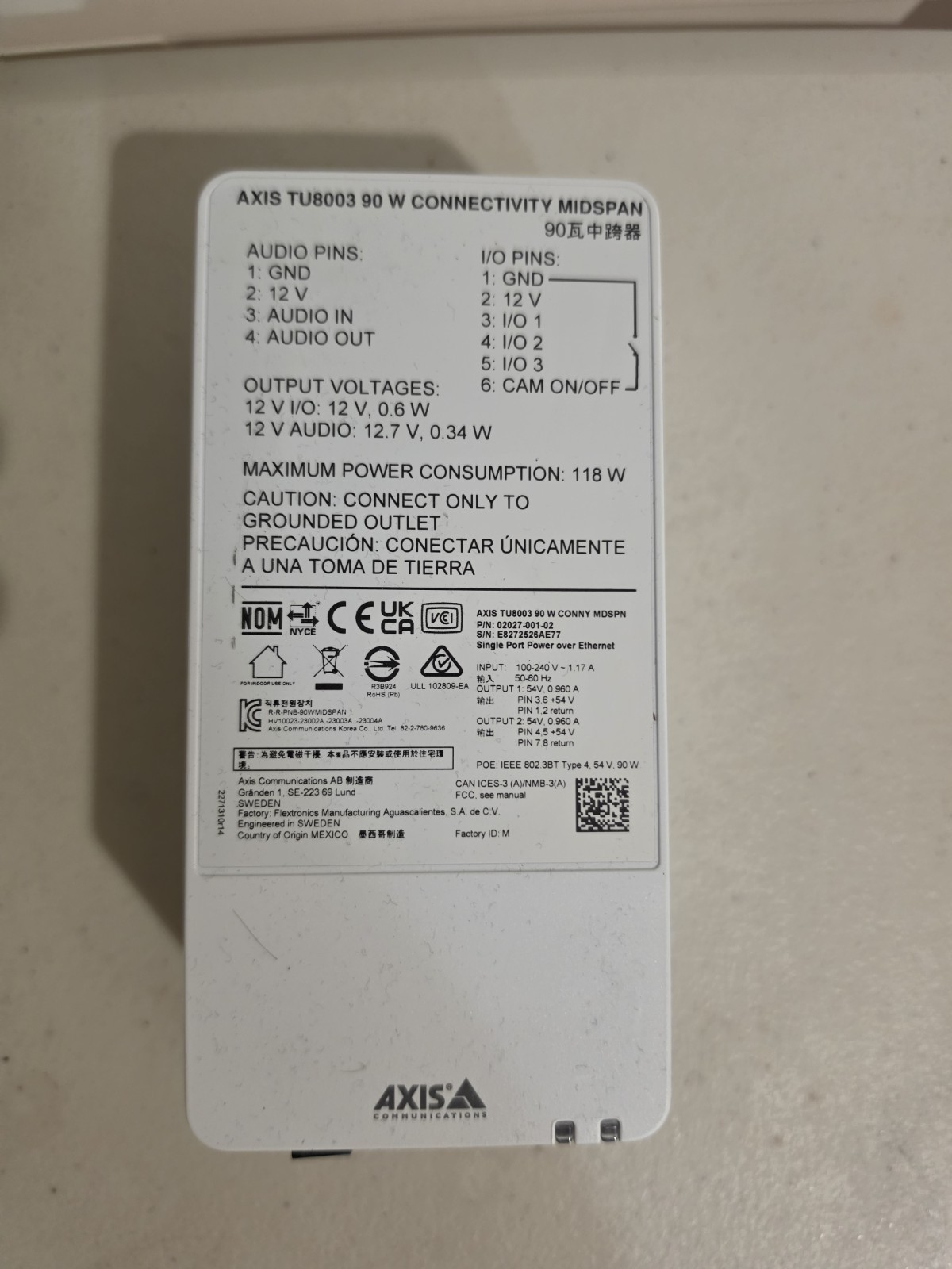 Axis TU8003 90W Connectivity Midspan PoE Injector SFP I/O New Out Of Box
