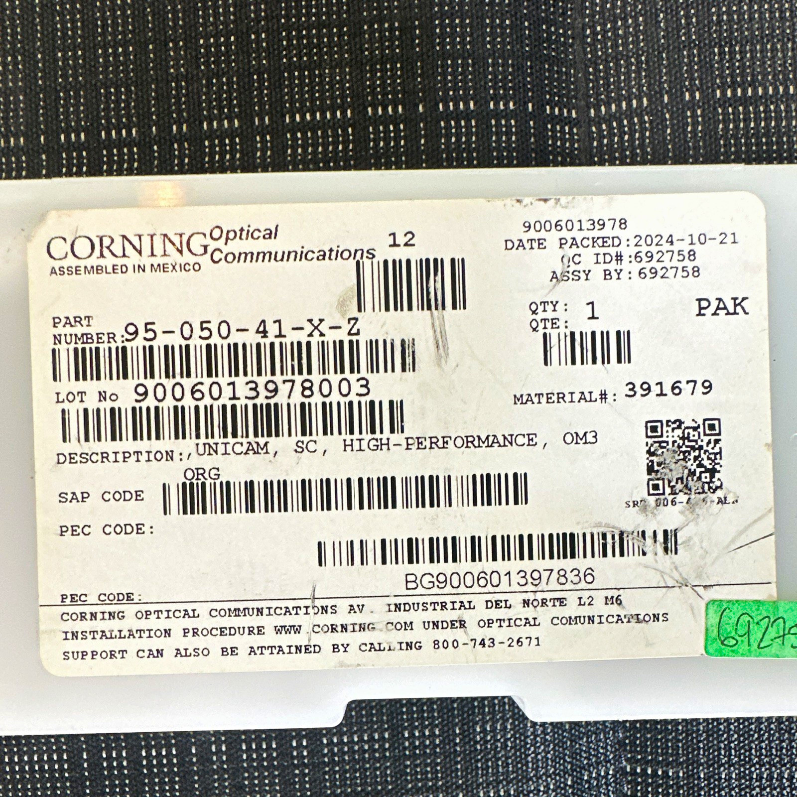 Corning UNICAM OM3 Fiber Optic Connector Kit, SC-SC 95-050-41-X-Z (lot of 23)