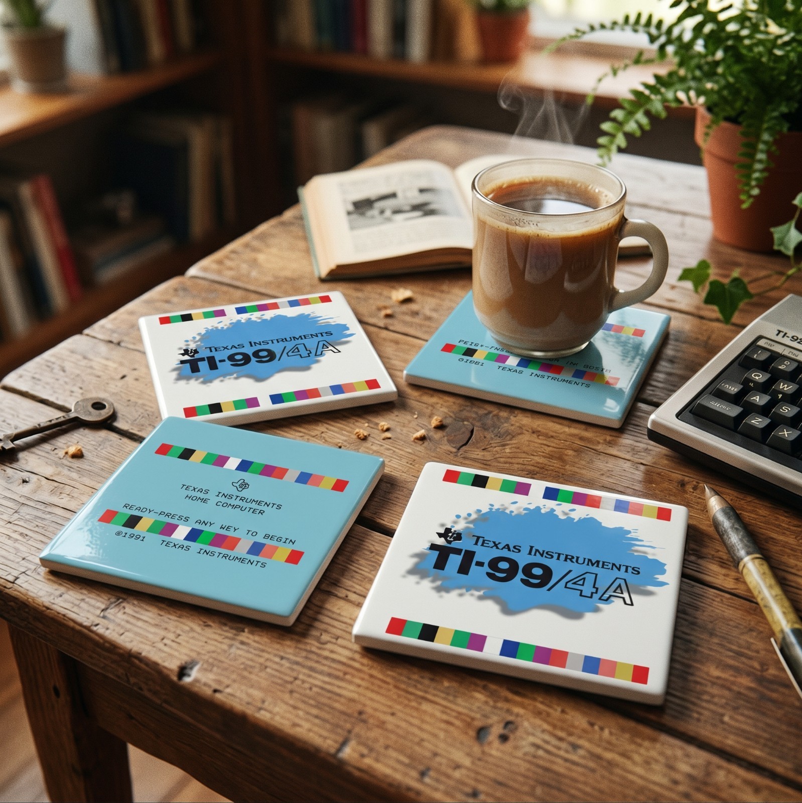 Texas Instruments TI-99/4A Ceramic Coasters Set of 4 Retro Computer 4"x4" Drink