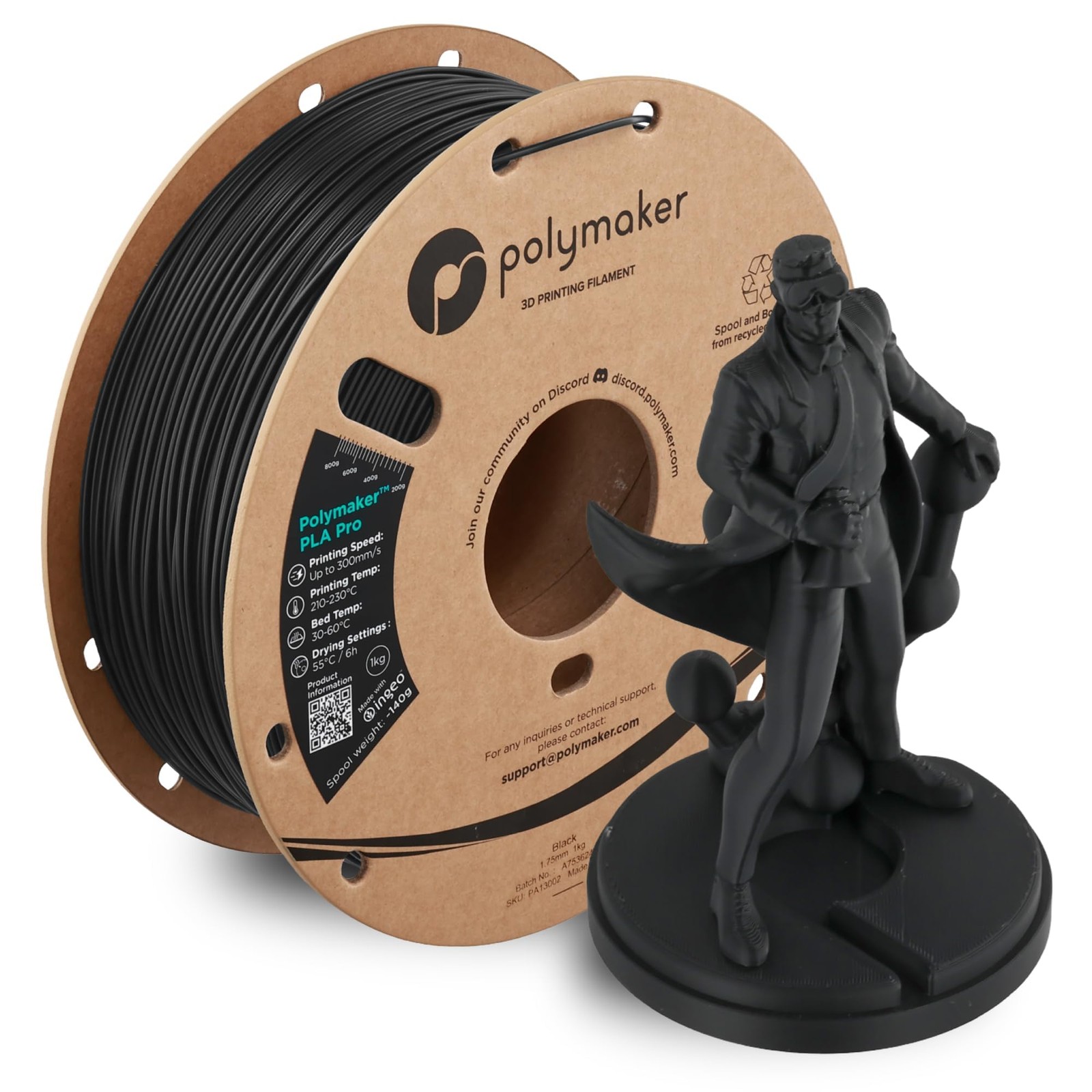 Polymaker PLA Pro Filament New Formula, 111 - Black (Hex Code: #0c0e0c)