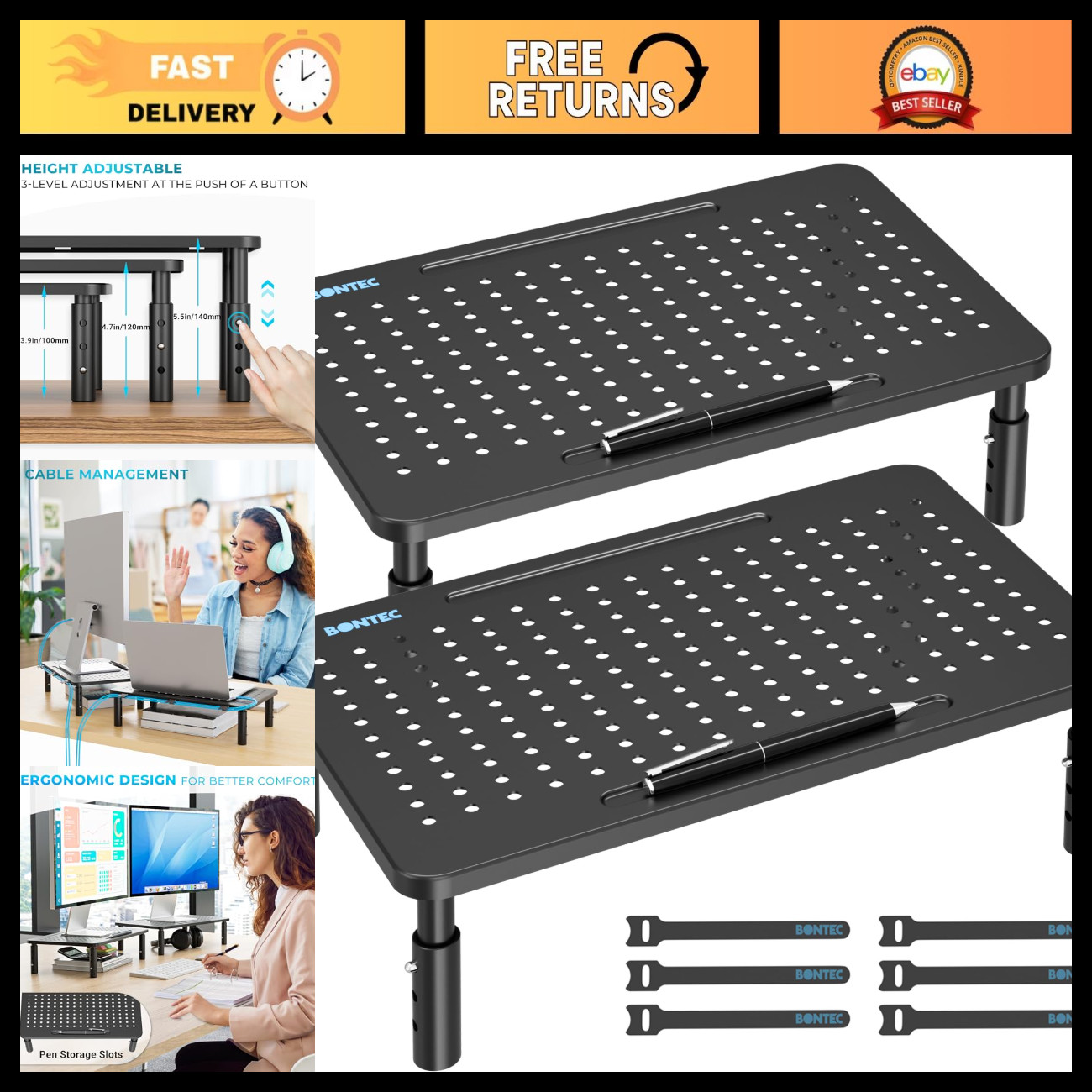 2 Pack Adjustable Monitor Stand Riser with Drawer, Supports 44lbs - Ergonomic De