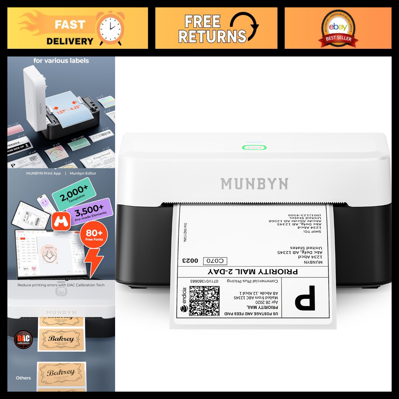 Wireless Bluetooth Thermal Label Printer - 4x6 Shipping Labels, Easy Setup, Fast