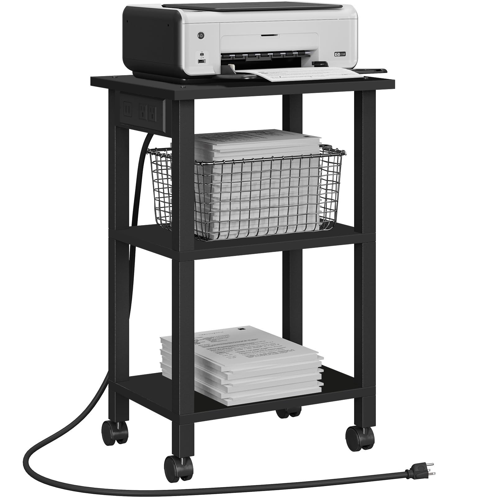 3 Tier Printer Stand, Rolling Printer Cart with Power Outlets and USB Ports, ...