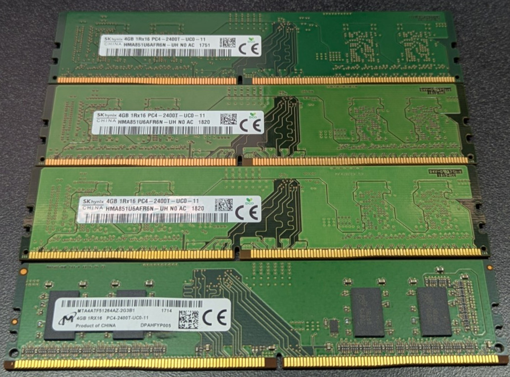 SK Hynix & Micron 16GB (4x4GB) DDR4 Desktop Memory Module 1Rx16 PC4-2400T-UC0-11