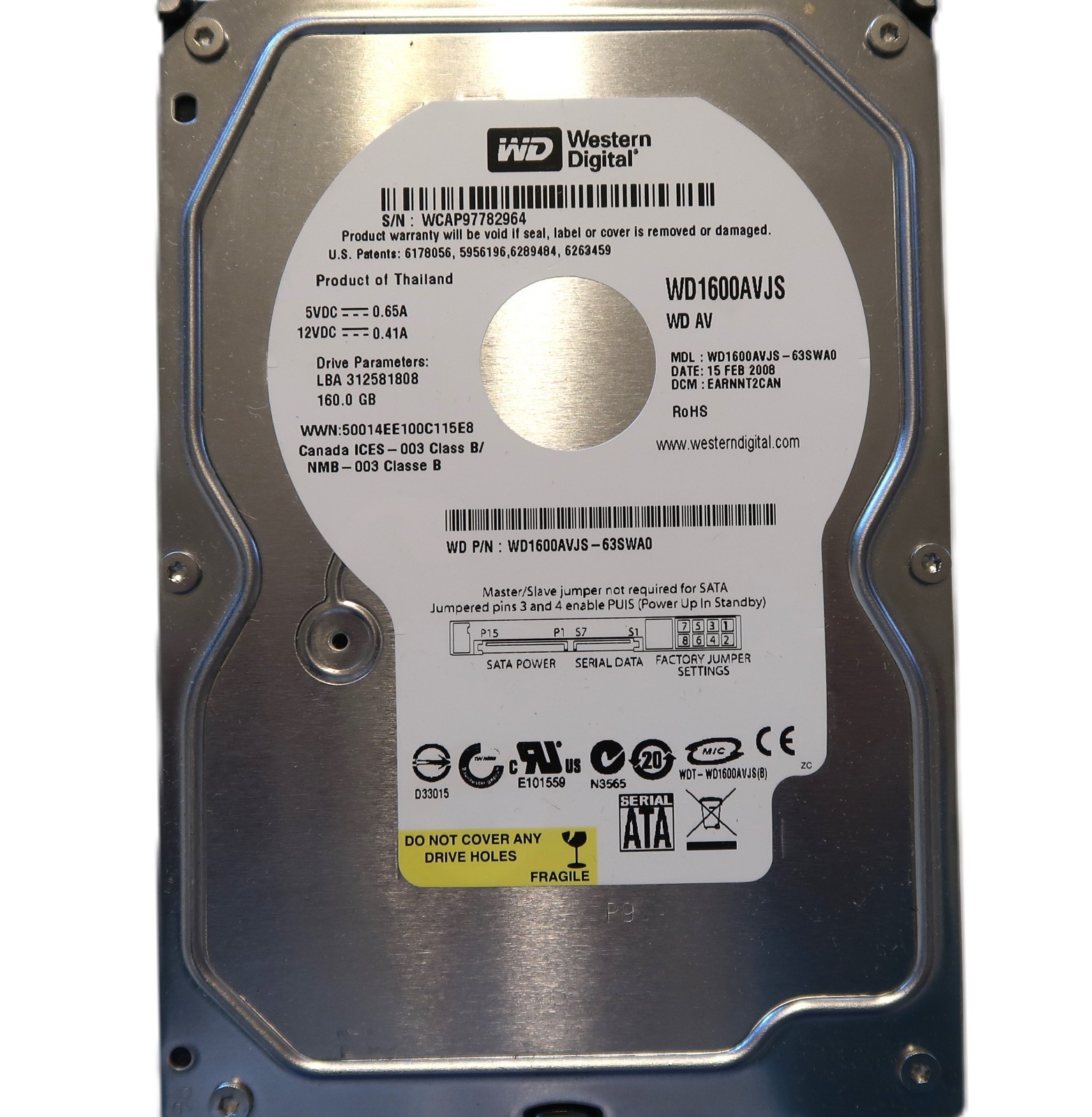 WD1600AVJS-63SWA0 DCM:EARNNT2CAN (WCAP) Thailand 3.5" 160gb Sata HDD FEB/2008