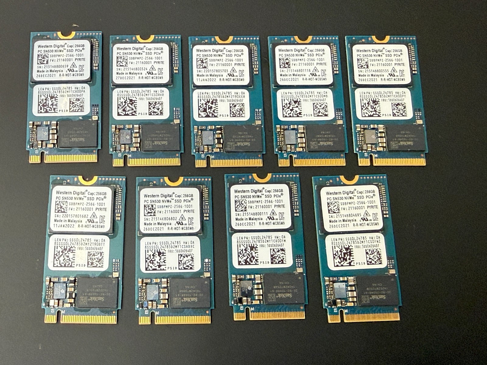 LOT OF 9: 256GB M.2 PCIE NVME 2242 SSD Western Digital PC SN530