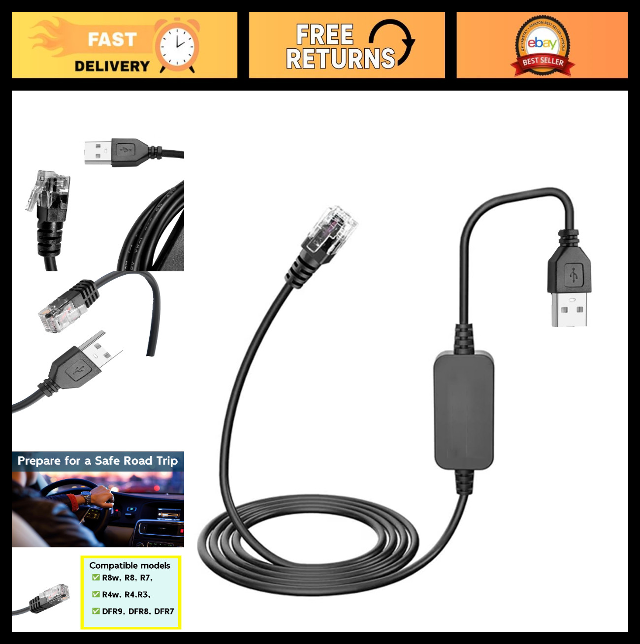 USB A to RJ11 Power Cord 1.7m/5.57ft for Uniden Radar Detectors R8 R7 R4 DFR9 DF