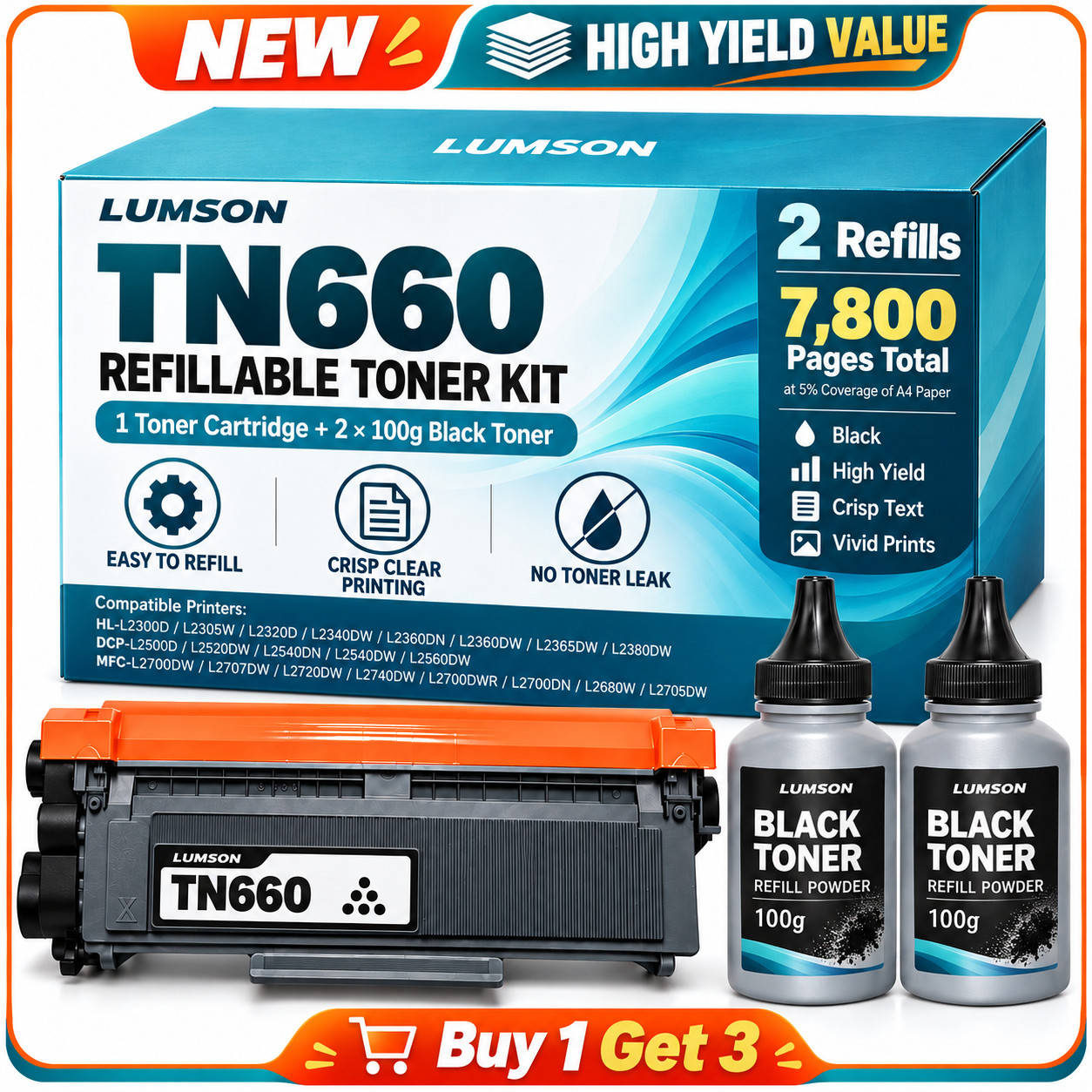 TN660 Black Toner With 2 Refill For TN-660 MFC-L2740DW DCP‑L2540DW HL‑L2315DW