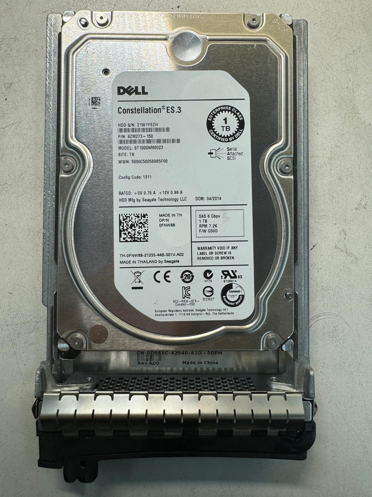 DELL FNW88 ST1000NM0023 9ZM273-150 1TB 7.2K RPM Cache 128MB 6Gb/s SAS 3.5" HDD
