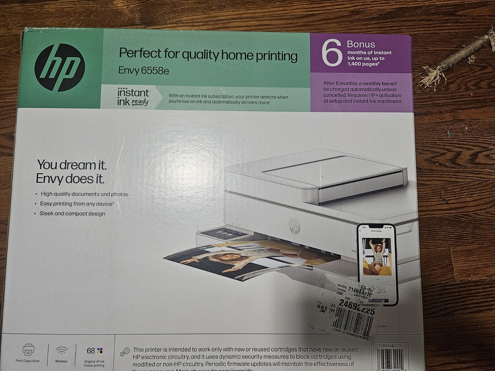 HP Envy 6558E Wireless All-in-One Color Photo Inkjet Printer White NEW Sealed