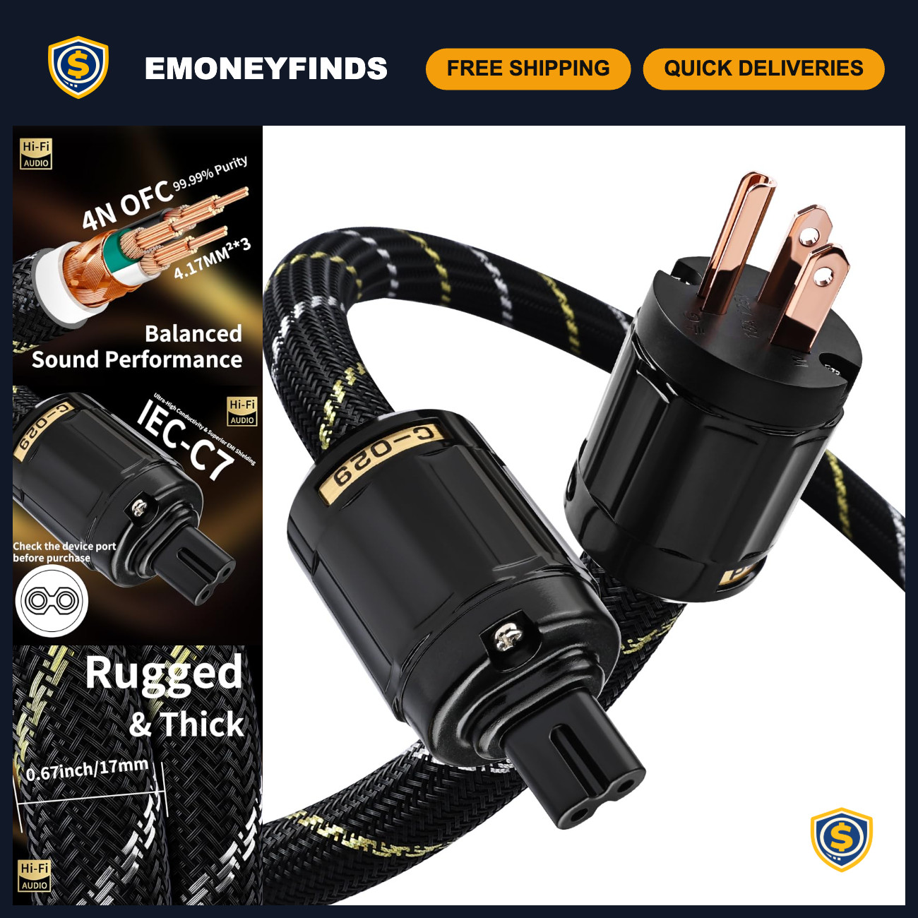 High-Performance 4.92ft Audiophile HiFi AC Power Cord for Superior Sound Quality